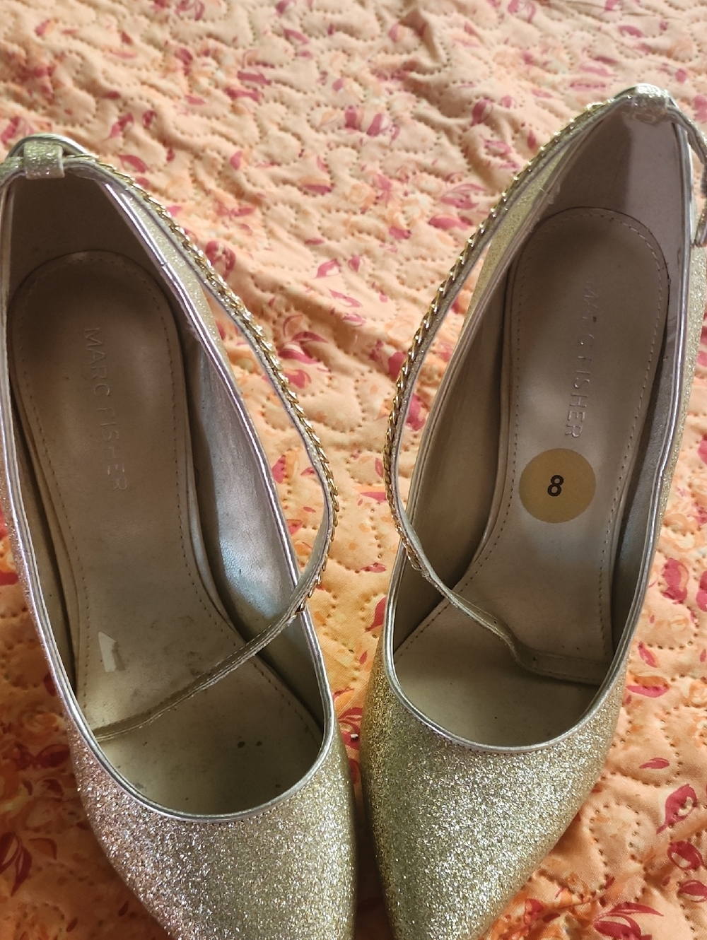 Marc Fisher Gold Glitter Pointed-Toe Flats with Ankle Strap